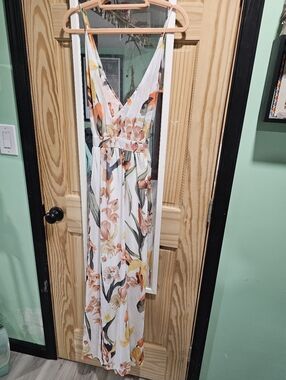 Floral White Maxi Dress with Orange & Green Print